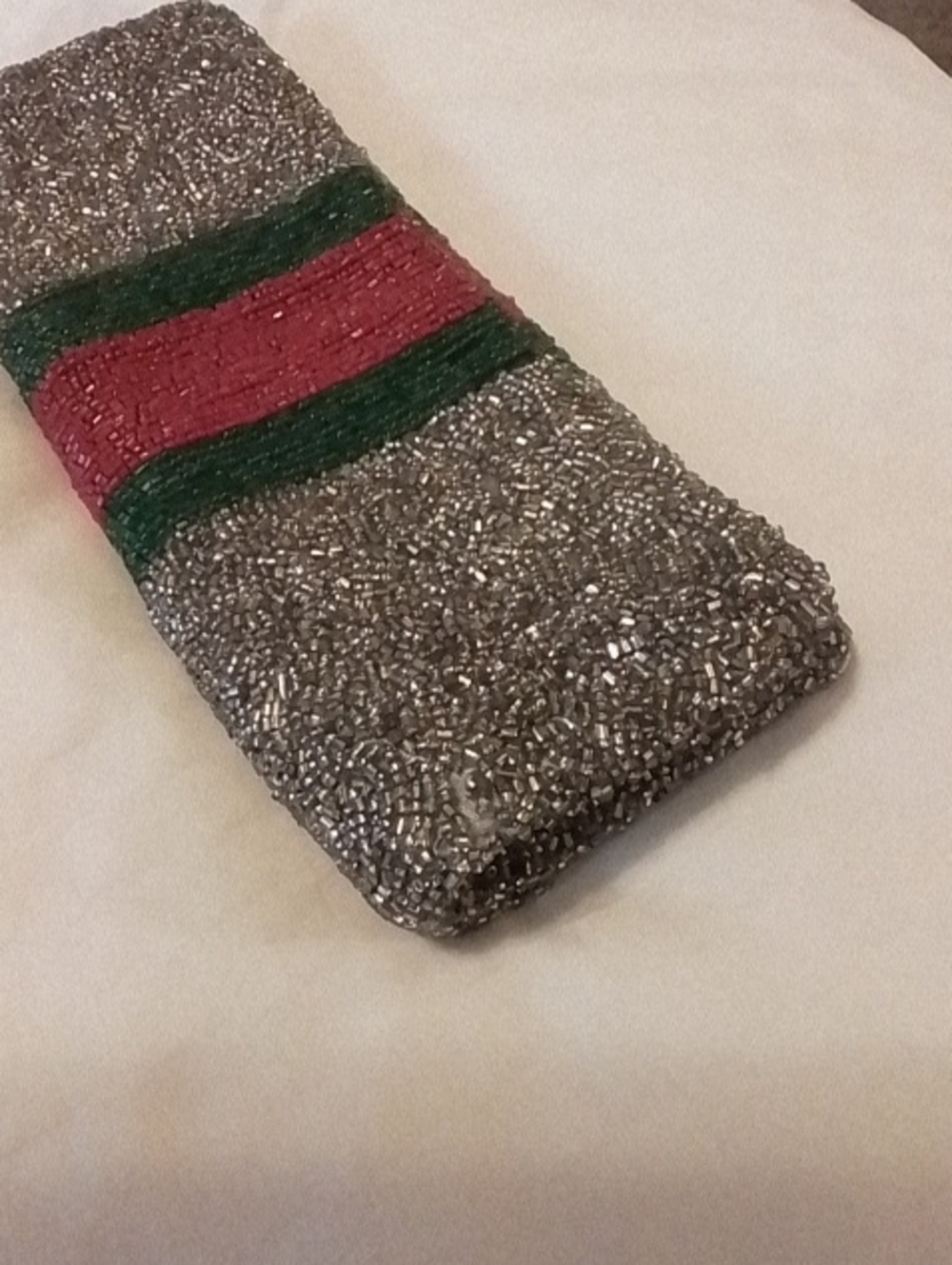 Tiana Hand Beaded Metallic Silver Clutch Bag Green Red Silver - Picture 9 of 12
